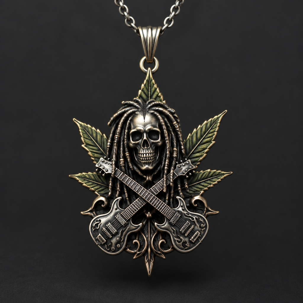 A gothic women's necklace made of mixed metal suitable for daily wear. a skeleton with dreadlocks and a potleaf behind and 2 guitars ceossing
photorealistic jewelry design, A gothic women's necklace made of mixed metal suitable for daily wear. a skeleton with dreadlocks and a potleaf behind and 2 guitars ceossing, gothic style, just the design no text