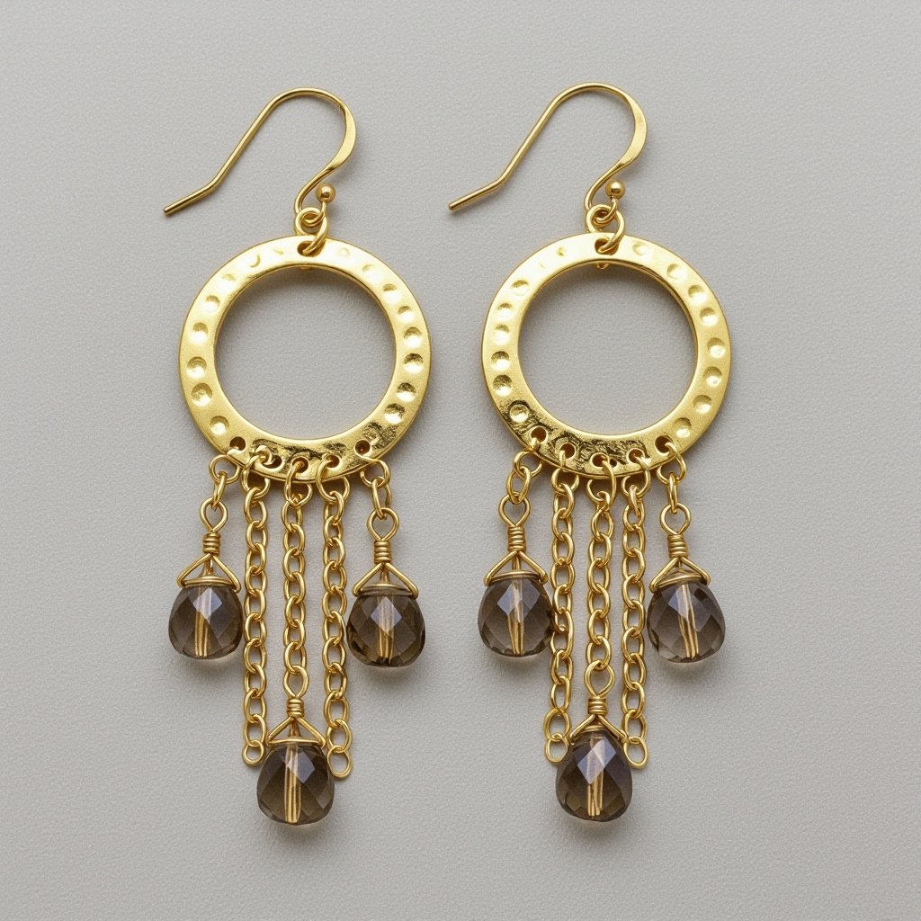 Золотые серьги полумесяц вертикальный 2 см, сверху крепится к швензе. От полумесяца идет три цепочки золотого цвета, у каждой на конце камушек раухтопаз