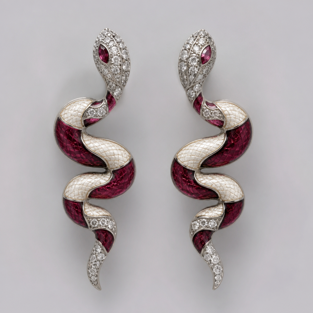 A vintage women's earrings made of platinum with ruby stones suitable for daily wear. A sinuous pair of ceramic snakes with art deco fesign
photorealistic jewelry design, A vintage women's earrings made of platinum with ruby stones suitable for daily wear. A sinuous pair of ceramic snakes with art deco fesign, vintage style, just the design no text