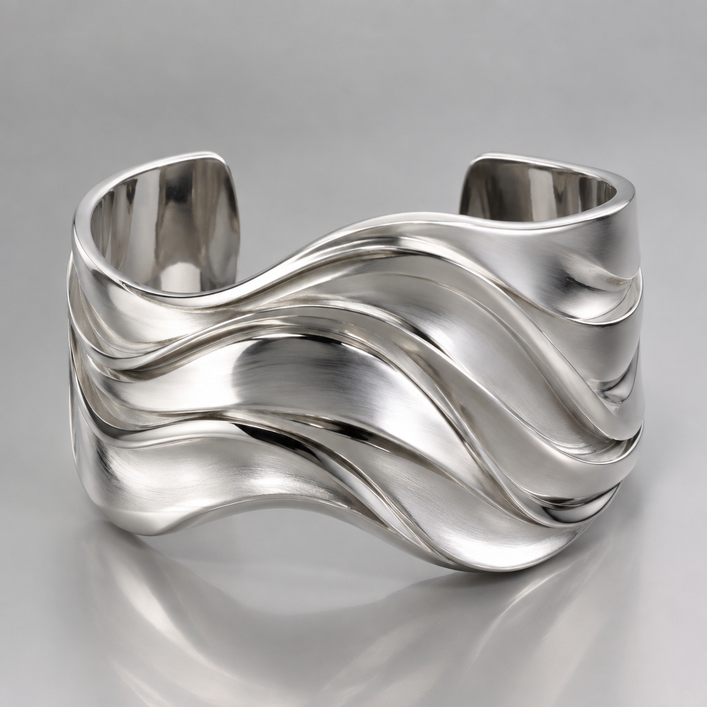 3 d Platinum cuff shaped likea wave wide
photorealistic jewelry design, 3 d Platinum cuff shaped likea wave wide, cuff style, just the design no text