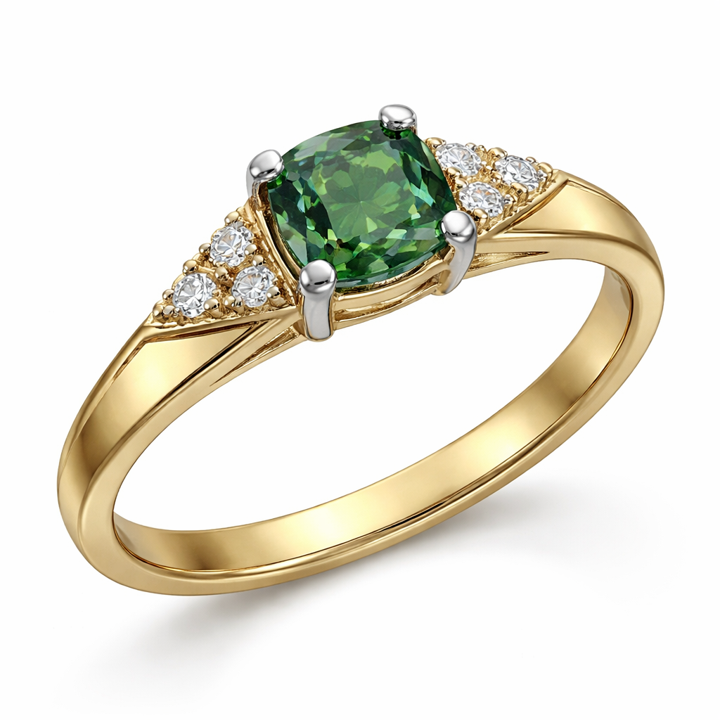 A yellow gold 18 carat thin band with a sharp angled edge ring. Central green sapphire in a cushion cut. Either side of the central sapphire are three very small diamonds on each side in a triangle formation with a bevelled edge border. The profile of the stones are raised in profile to accommodate a round wedding band underneath. All stones are held in place by platinum prongs.