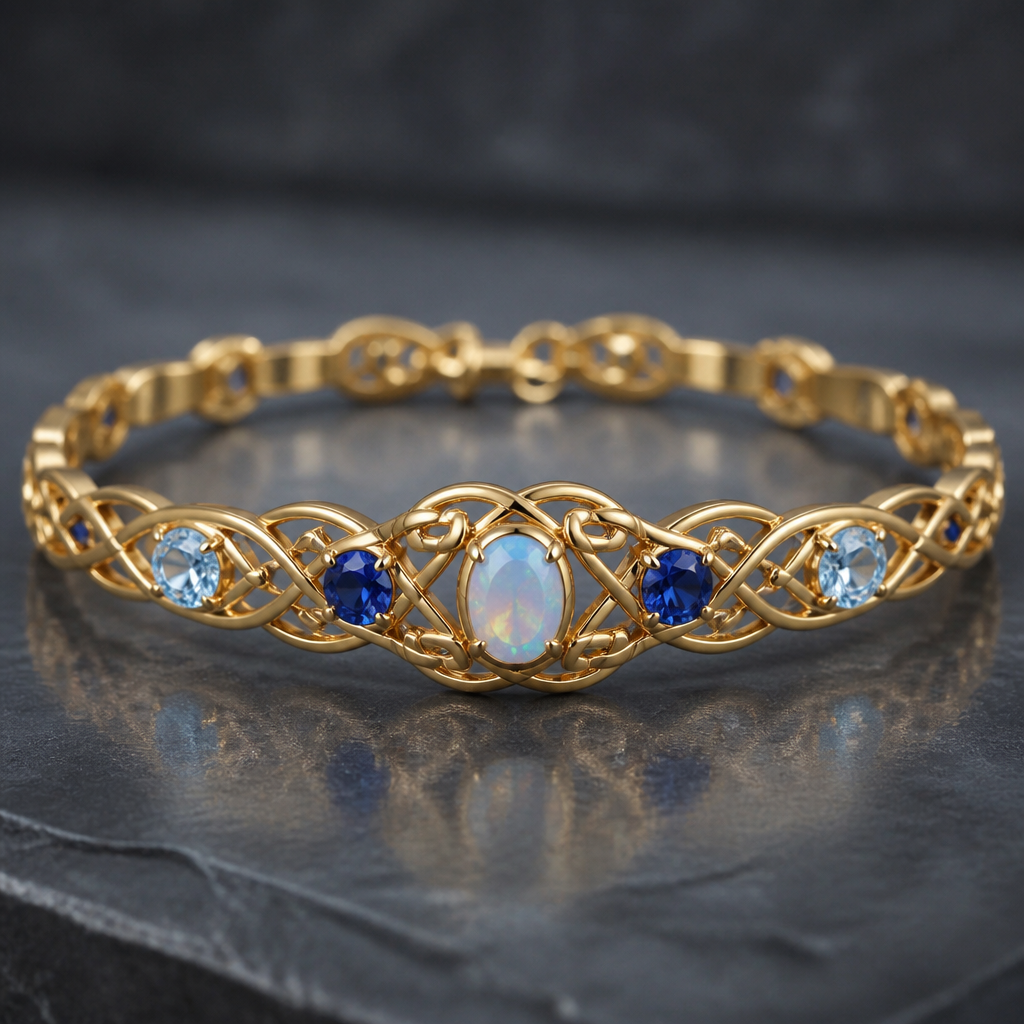 A celtic women's bracelet made of gold with sapphire and opal and topaz stones suitable for gift
photorealistic jewelry design, A celtic women's bracelet made of gold with sapphire and opal and topaz stones suitable for gift, celtic style, just the design no text