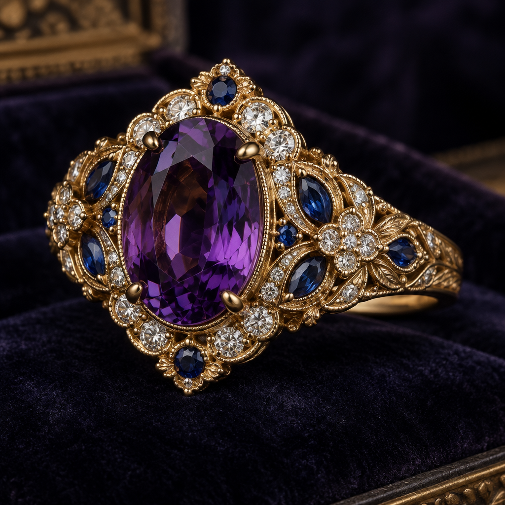 A modern women's ring made of rose gold with diamond and aquamarine and amethyst stones suitable for daily wear, detailed and decorative, moderately ornate. Vintage Royal Amethyst, Sapphire & Diamond Jewelry
Design an exquisite vintage-inspired luxury jewel influenced by Edwardian and Art Deco high jewelry from the 1920s. Feature a large, deep violet amethyst as the central gemstone, surrounded by brilliant-cut diamonds and rich royal-blue sapphires arranged in an intricate, symmetrical pattern. Set the gemstones in polished yellow gold with delicate filigree, milgrain edges, fine engraved details, and elegant floral motifs. The design should feel regal, romantic, mysterious, and timeless, like a rare heirloom from an old European royal family. Intricate craftsmanship, realistic gemstones, luxurious antique aesthetic, refined proportions, photorealistic jewelry rendering, soft dramatic lighting, dark velvet background.
photorealistic jewelry design, A modern women's ring made of rose gold with diamond and aquamarine and amethyst stones suitable for daily wear, detailed and decorative, moderately ornate. Vintage Royal Amethyst, Sapphire & Diamond Jewelry
Design an exquisite vintage-inspired luxury jewel influenced by Edwardian and Art Deco high jewelry from the 1920s. Feature a large, deep violet amethyst as the central gemstone, surrounded by brilliant-cut diamonds and rich royal-blue sapphires arranged in an intricate, symmetrical pattern. Set the gemstones in polished yellow gold with delicate filigree, milgrain edges, fine engraved details, and elegant floral motifs. The design should feel regal, romantic, mysterious, and timeless, like a rare heirloom from an old European royal family. Intricate craftsmanship, realistic gemstones, luxurious antique aesthetic, refined proportions, photorealistic jewelry rendering, soft dramatic lighting, dark velvet background., modern style, just the design no text