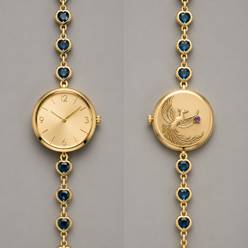 A minimalist women's watch made of gold with amethyst and sapphire stones suitable for daily wear. um relógio com fio dourado, ouro, robusto, com 7 corações espcaçados entre si 0,05mm com pedra azul sapphire. no verso uma fenix segurando um pedra pequena, amethyst. Um relógio simples, elegante, sofesticado e discreto para usar no dia a dia com um toque de charme e poder. O relógio em si é numérico
photorealistic jewelry design, A minimalist women's watch made of gold with amethyst and sapphire stones suitable for daily wear. um relógio com fio dourado, ouro, robusto, com 7 corações espcaçados entre si 0,05mm com pedra azul sapphire. no verso uma fenix segurando um pedra pequena, amethyst. Um relógio simples, elegante, sofesticado e discreto para usar no dia a dia com um toque de charme e poder. O relógio em si é numérico, minimalist style, just the design no text