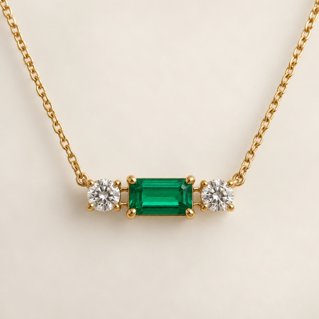 18 carat gold necklace 3 stones. The center stone is a horizontal baguette emerald with one round diamond on either side.
photorealistic jewelry design, 18 carat gold necklace 3 stones. The center stone is a horizontal baguette emerald with one round diamond on either side., just the design no text