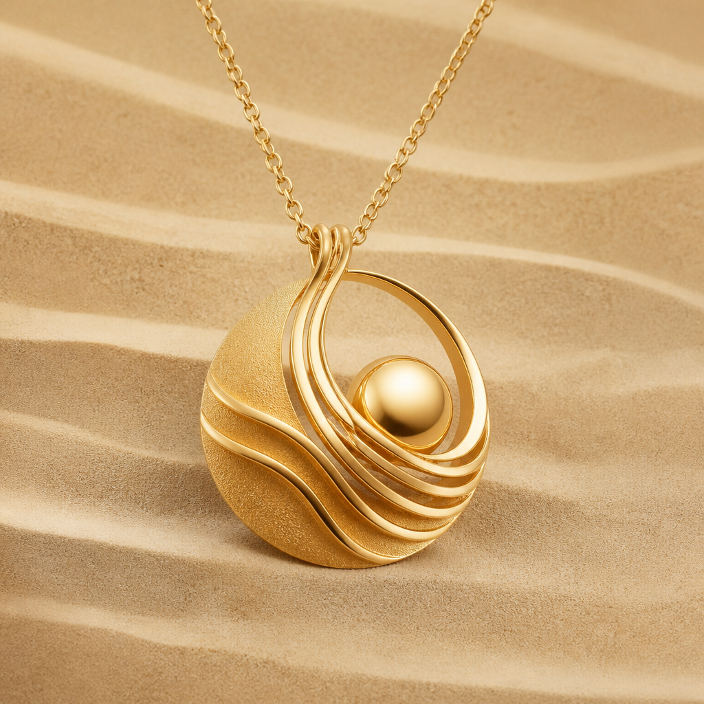 A modern women's pendant. A gold set design that combines the desert wind, sand and sun
photorealistic jewelry design, A modern women's pendant. A gold set design that combines the desert wind, sand and sun, modern style, just the design no text