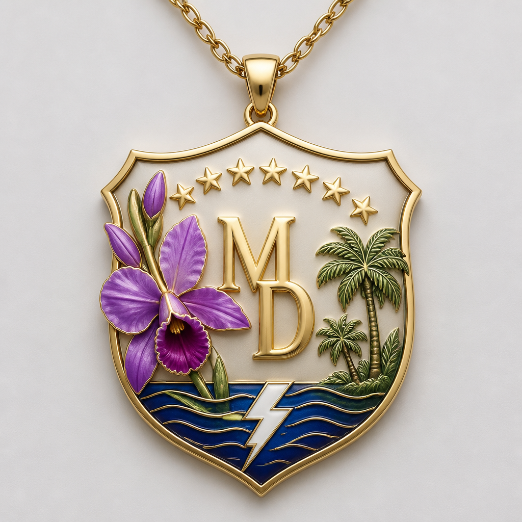 A women's necklace. 1. **Material:** Acero inoxidable quirúrgico (duradero y brillante).
2. **Elemento Central:** Iniciales **M D** en relieve dorado.
3. **Protagonista:** Una **Orquídea (Flor de Mayo)** esmaltada en tonos morados y lilas en un lateral del escudo.
4. **Símbolos Patrios y Regionales:**
* Arco de **8 estrellas** amarillas.
* Grabado de **Palmas de Coco** verdes.
* Base con ondas de azul profundo (**Lago**) y un rayo blanco (**Catatumbo**).
5. **Lema en Wayuunaiki:**
> **Waneepiaa • Kojutaa • Atüjaa**
> *(Lealtad • Honor • Sabiduría)*
es un collar de con estilo escudo clásico
photorealistic jewelry design, A women's necklace. 1. **Material:** Acero inoxidable quirúrgico (duradero y brillante).
2. **Elemento Central:** Iniciales **M D** en relieve dorado.
3. **Protagonista:** Una **Orquídea (Flor de Mayo)** esmaltada en tonos morados y lilas en un lateral del escudo.
4. **Símbolos Patrios y Regionales:**
* Arco de **8 estrellas** amarillas.
* Grabado de **Palmas de Coco** verdes.
* Base con ondas de azul profundo (**Lago**) y un rayo blanco (**Catatumbo**).
5. **Lema en Wayuunaiki:**
> **Waneepiaa • Kojutaa • Atüjaa**
> *(Lealtad • Honor • Sabiduría)*
es un collar de con estilo escudo clásico, modern style, just the design no text