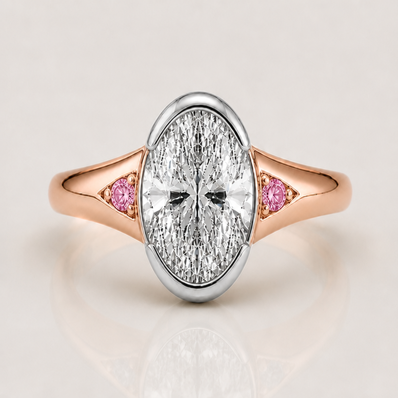 replace the accent stones with pink trillion
edit the attached jewelry design with these instructions: replace the accent stones with pink trillion. keep it photorealistic, just the design no text