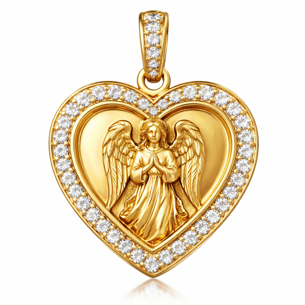 Gold heart pendant with guardian angel on surface and Pavé diamond border around heart, gold bale
Gold heart pendant with guardian angel on surface and Pavé diamond border around heart, gold bale, bespoke style