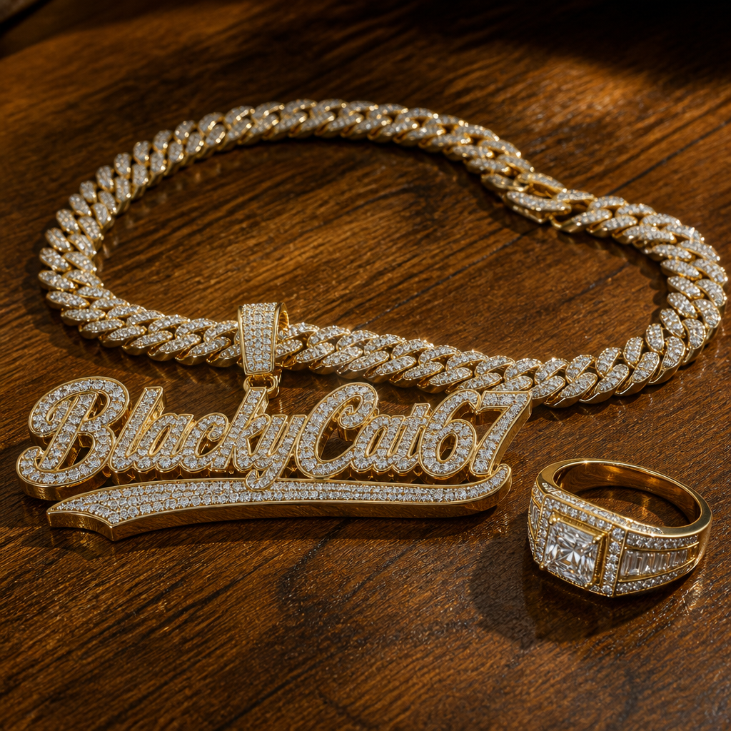 A men's ring made of gold with diamond stones. create a gangster rapper necklace made of diamonds and gold with the words "BlackyCat67" on it, make it on a wooden table with lots of detail such as lighting and the diamonds shining
photorealistic jewelry design, A men's ring made of gold with diamond stones. create a gangster rapper necklace made of diamonds and gold with the words "BlackyCat67" on it, make it on a wooden table with lots of detail such as lighting and the diamonds shining, modern style, just the design no text