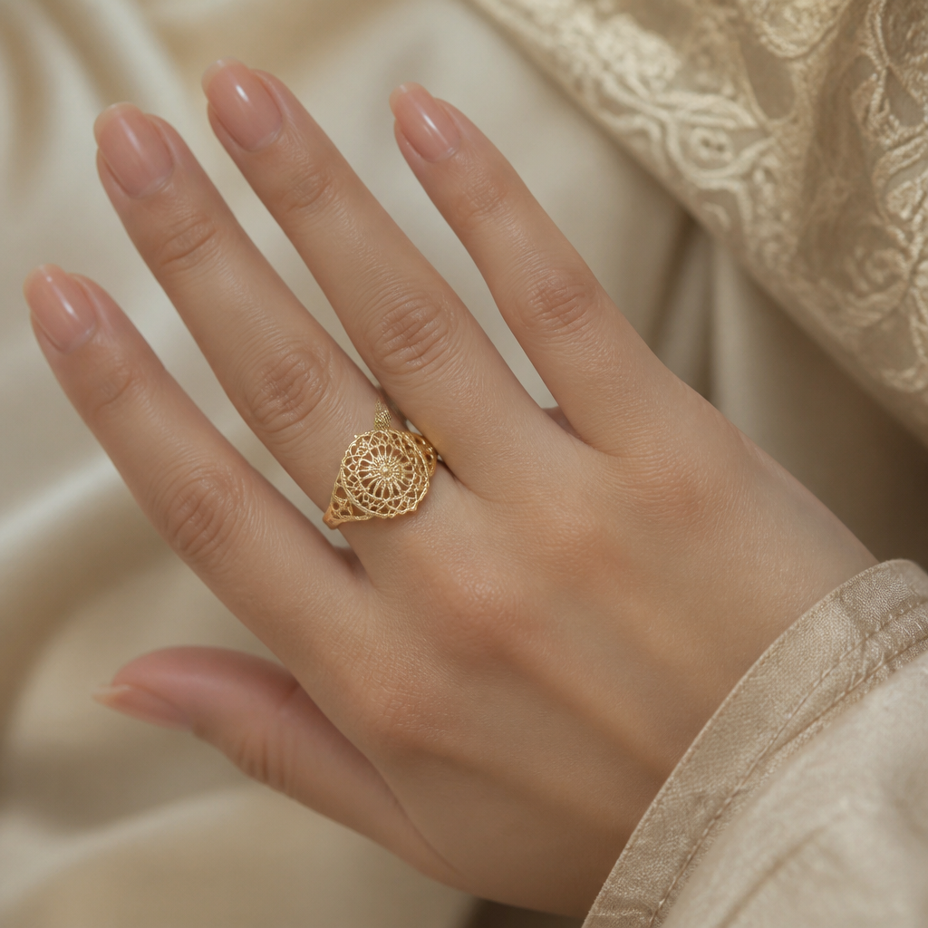 اصنع لي فيديو ليد فتاة فقط كف اليد يضهر و هي ترتدي خاتم ذهب
photorealistic jewelry design, اصنع لي فيديو ليد فتاة فقط كف اليد يضهر و هي ترتدي خاتم ذهب, islamic style, just the design no text