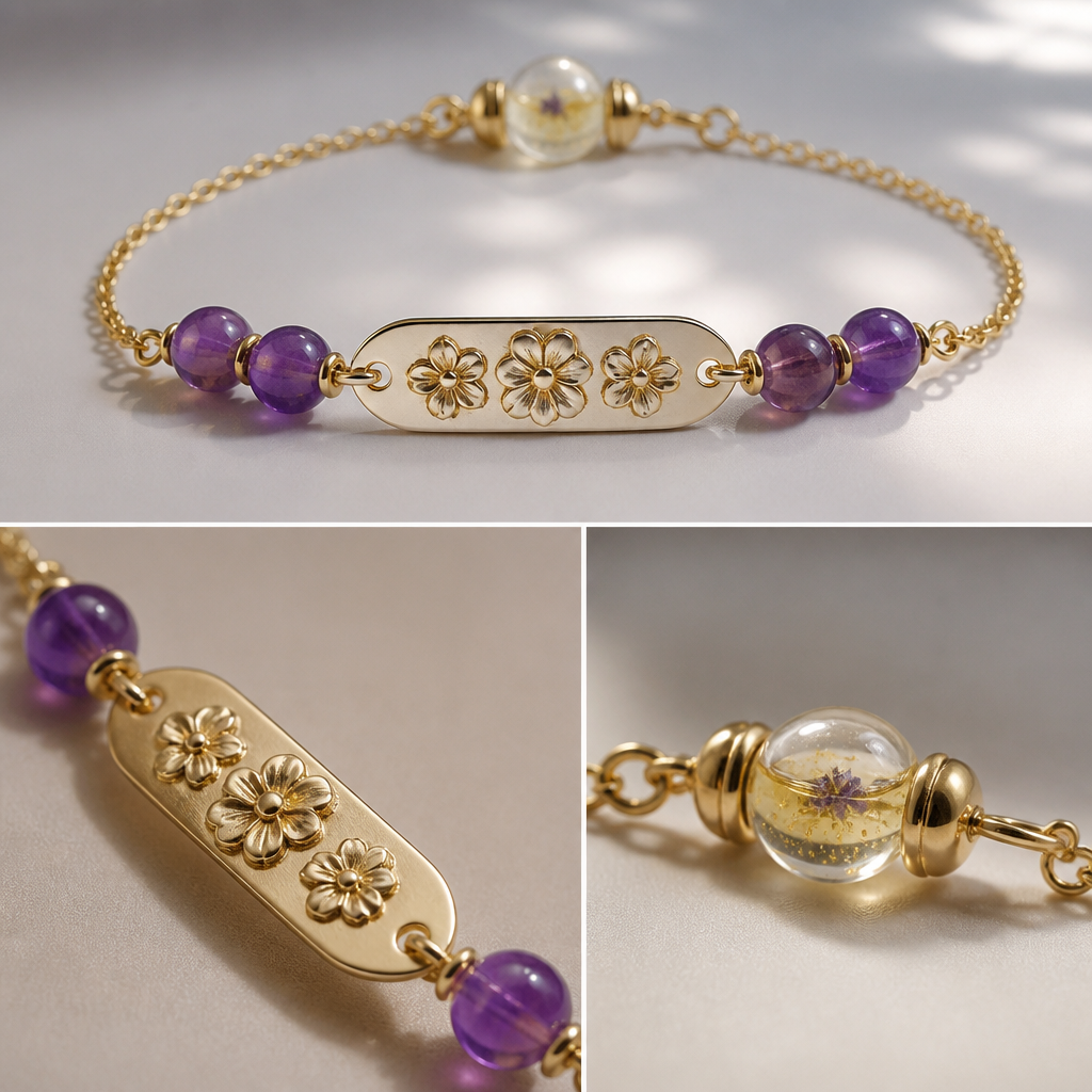A minimalist women's ring made of gold with amethyst stones. un bracelet or avec une chaîne il y a une plaque qui dessus aura 3 fleur type sakura ou pâquerette en relief pour pouvoir i toucher et te détresser après il y a 4 perle d améthyste 2 de chaque côté et à l’opposer de la plaque en fermoir sa sera une sorte de perle fiole transparente contenant un mélange d’huile essentiel apaisante qu’on peut sentir
photorealistic jewelry design, A minimalist women's ring made of gold with amethyst stones. un bracelet or avec une chaîne il y a une plaque qui dessus aura 3 fleur type sakura ou pâquerette en relief pour pouvoir i toucher et te détresser après il y a 4 perle d améthyste 2 de chaque côté et à l’opposer de la plaque en fermoir sa sera une sorte de perle fiole transparente contenant un mélange d’huile essentiel apaisante qu’on peut sentir, minimalist style, just the design no text