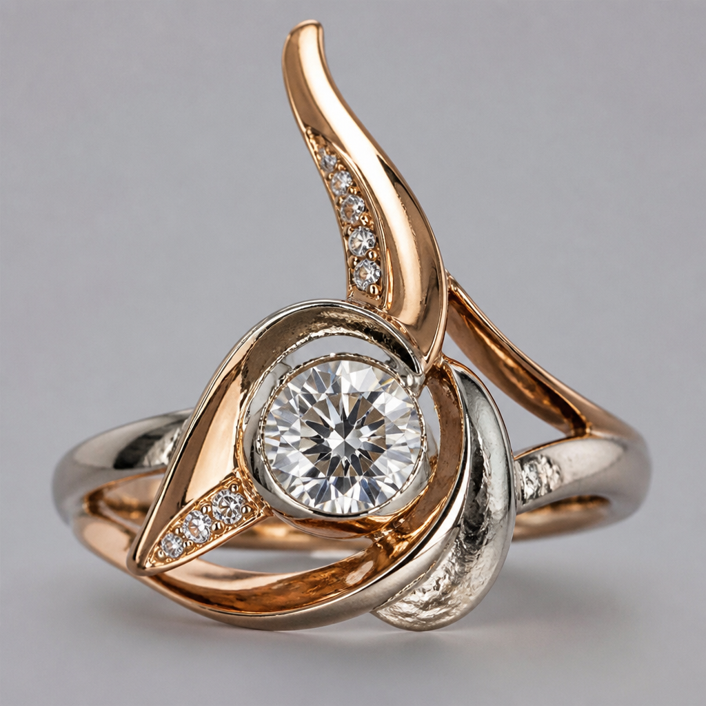 A avant-garde women's ring made of mixed metal with diamond stones suitable for festival. An extraordinary excellent beautiful delicate and elegant solitaire women ring. Face of the ring.
photorealistic jewelry design, A avant-garde women's ring made of mixed metal with diamond stones suitable for festival. An extraordinary excellent beautiful delicate and elegant solitaire women ring. Face of the ring., avant_garde style, just the design no text