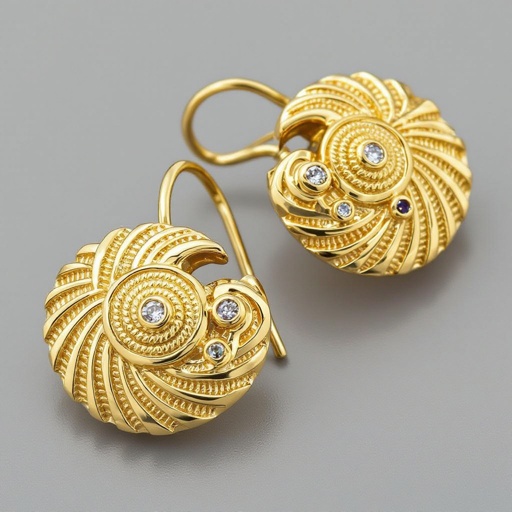 Золотые серьги в виде спиральной ракушки украшенной тремя маленькими камнями 