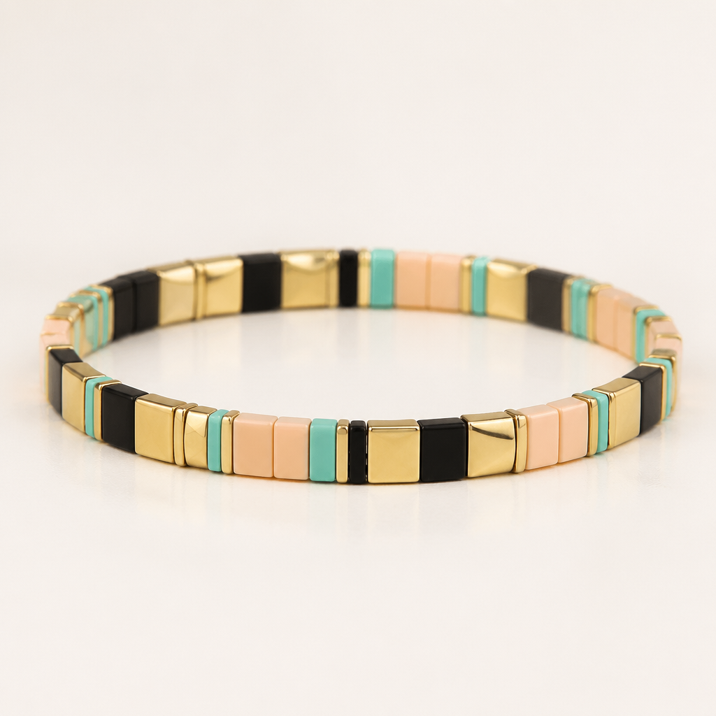 Single row Tila bead bracelet in gold black peach and Tiffany blue . Tila cone in 3 sizes . Full 5mm x 5 mmx 1.9 ,1/2 which is 2.5 mm x 5 mm and 1/4 x 5mm
photorealistic jewelry design, Single row Tila bead bracelet in gold black peach and Tiffany blue . Tila cone in 3 sizes . Full 5mm x 5 mmx 1.9 ,1/2 which is 2.5 mm x 5 mm and 1/4 x 5mm , luxury style, just the design no text