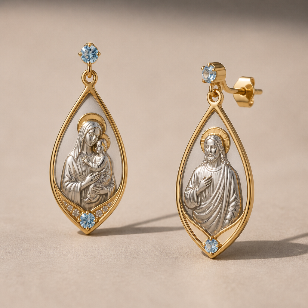 A women's earrings. Jewllery inspired saints
Virgin Mary, Jesus, st Anthony...