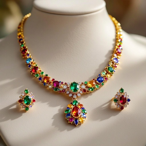 Necklace and ring and earring with luxury colorful jewel with gold
