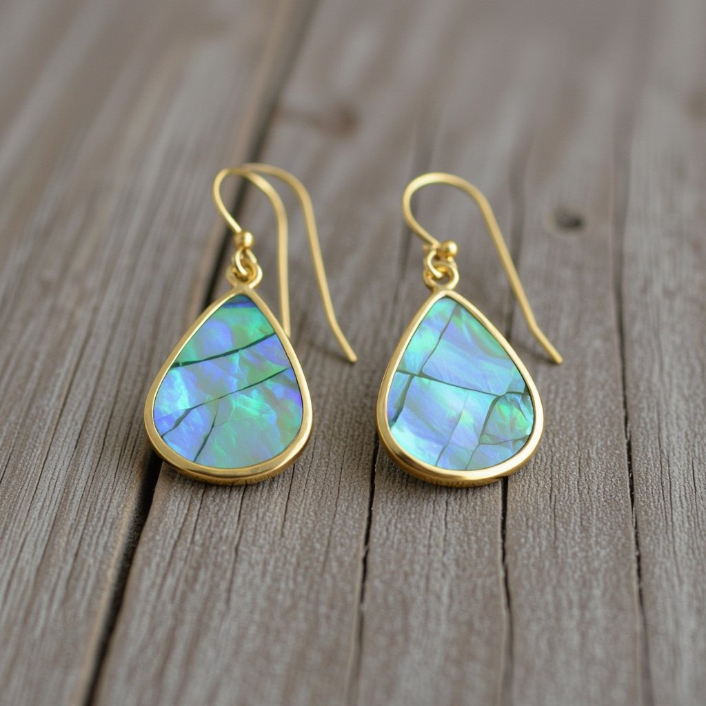 Серьги золотые в виде бирюзового с переливами половины крыла бабочки из перламутра 