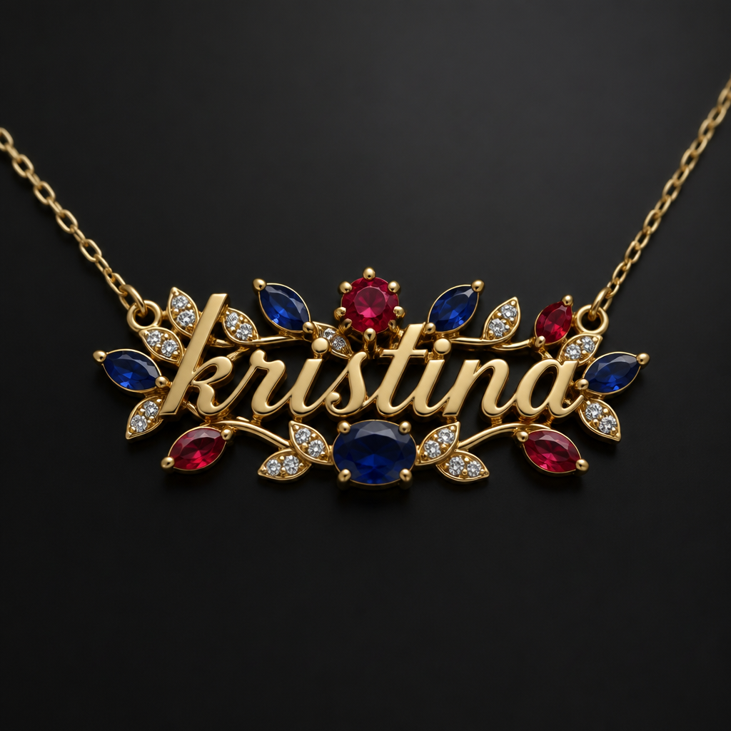 "centered necklace name "kristina" with blue and red gemstones and some diamonds in gold setting
photorealistic jewelry design, "centered necklace name "kristina" with blue and red gemstones and some diamonds in gold setting, just the design no text