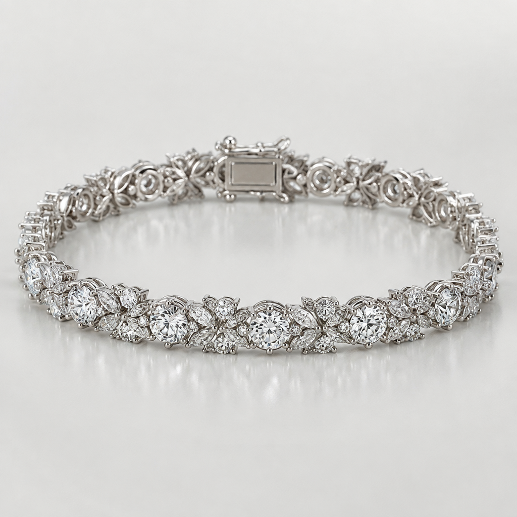 A tennis women's bracelet made of white gold with diamond stones suitable for daily wear, highly ornate, intricate and elaborate, richly detailed. diamond line
photorealistic jewelry design, A tennis women's bracelet made of white gold with diamond stones suitable for daily wear, highly ornate, intricate and elaborate, richly detailed. diamond line, tennis style, just the design no text