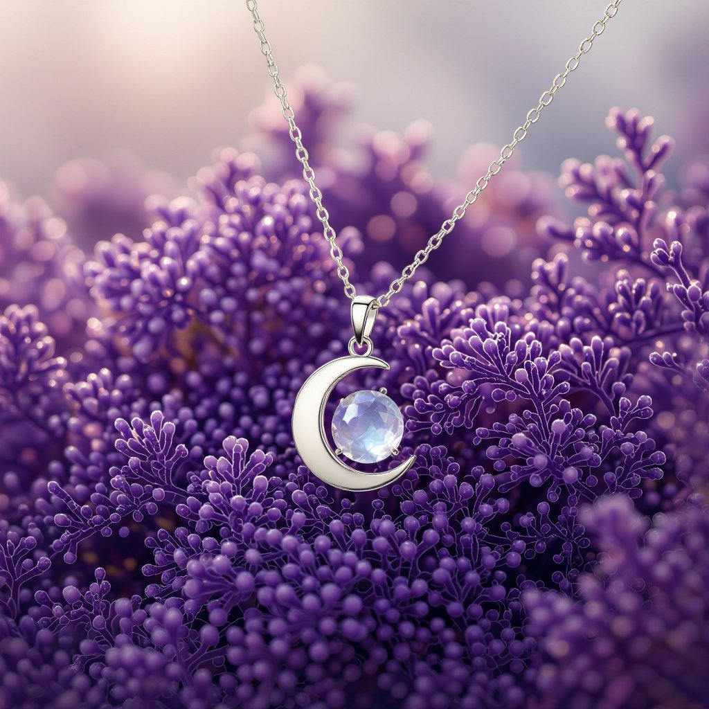 Луна полумесяцем и маленький в виде кристала лунный камень подвеска