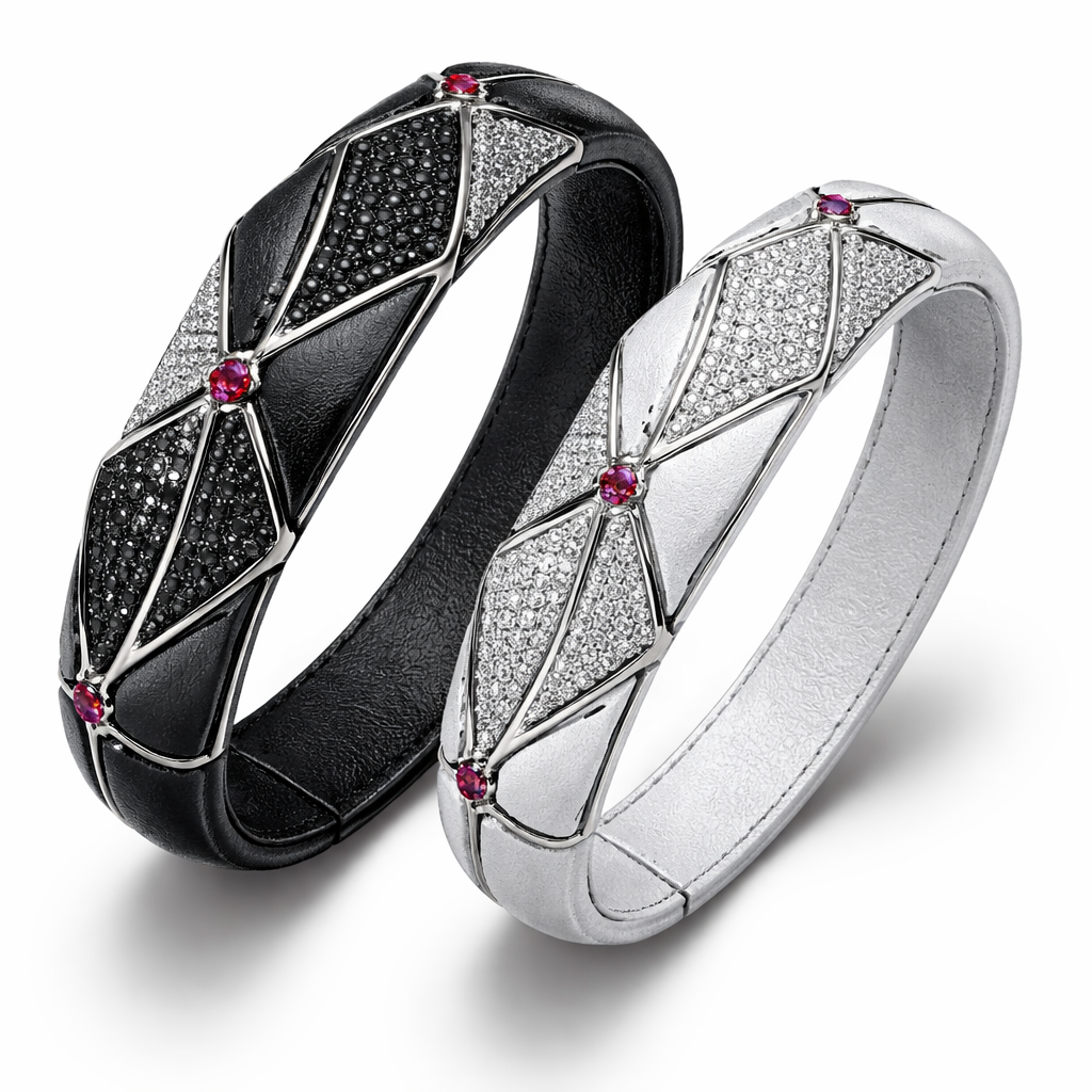 Geomatric abstract shape of bangle leather of matching for couple white and black diamonds and small ruby of edges style white background