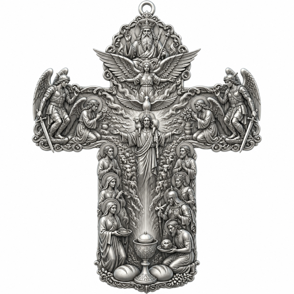 A sculptural women's pendant made of silver suitable for festival. An extraordinary excellent beautiful delicate and elegant, super modern Cross, without stones, without background only the Cross, with Jesus Christ as the Good Shepherd with a beautiful delicate and elegant face, with long hair, with a beautiful delicate elegant and fit body, with His hands wide open to receive all of us, with a beautiful delicate elegant and beautifully ornated tunic, with a beautiful delicate and elegant sheep on His shoulders, with a beautiful delicate and elegant flock of beautiful delicate and elegant sheep backward of Him. Over Jesus Christ and the flock to be placed the Holy Spirit as an Angel with a beautiful delicate and elegant face, with long hair, with big wings flying, with a beautiful delicate elegant and fit body, with a beautiful delicate elegant and beautifully ornated tunic under the Angel to be placed a beautiful delicate and elegant dove flying both of them the Angel and the dove to be surrounded by tongues of fire radiating light to Jesus Christ and the flock. Over the Holy Spirit to be placed God the Father with a beautiful delicate and elegant face, with long hair, with a beautiful delicate elegant and fit body, with a beautiful delicate and elegant tunic, with a beautiful delicate and elegant sceptre at His left hand blessing the world with His right hand, with a beautiful delicate elegant and beautifully ornated crown on His head. At the bottom of the Cross to be placed the Holy Communion with a beautiful delicate elegant and beautifully ornated chalice and two breads around the chalice. At the lower right side of the Cross to be stacked one by one Saint John the Baptist with a beautiful delicate elegant and beautifully ornated platter with his head on it. Over Saint John the Baptist to be placed Saint Constantine with a beautiful delicate and elegant face, with long hair, with a beautiful delicate and elegant crown on his head, with a beautiful delicate elegant and fit body, with a beautiful delicate and elegant armour holding a beautiful delicate elegant and beautifully ornated Cross. Over Saint Constantine to be placed Saint George with a beautiful delicate and elegant face, with long hair, with a beautiful delicate elegant and beautifully ornated helmet with a beautiful delicate elegant and fit body, with a beautiful delicate elegant and beautifully ornated armour, holding a beautiful delicate and elegant sword with his right hand at low position and near the floor giving respect to the Holy Trinity and Praying. Over Saint George to be placed Saint Peter the Apostle Praying. At the left lower side of the Cross to be placed stacked Saint Paraskevi with a beautiful delicate and elegant face, with long hair, with a beautiful delicate elegant and beautifully curved body, with a beautiful delicate elegant and beautifully ornated tunic holding a bowl with two eyes in it. Over Saint Paraskevi to be placed Saint Irene with a beautiful delicate and elegant face, with long hair, with a beautiful delicate elegant and beautifully ornated wreath on her head, with a beautiful delicate elegant and beautifully curved body, with a beautiful delicate elegant and beautifully ornated tunic Praying. Over Saint Irene to be placed Virgo Maria with a beautiful delicate and elegant face, with beautifully ornated long hair, with a beautiful delicate elegant and beautifully curved body, with a beautiful delicate elegant and beautifully ornated tunic Praying. Over Virgo Maria to be placed Saint Paul the Apostle Praying. At the right side of the Cross to be placed Saint Michael the Archangel with a beautiful delicate and elegant face, with long hair, with a beautiful delicate elegant and beautifully ornated helmet, with a beautiful delicate elegant and fit body, with big wings flying, with a beautiful delicate elegant and beautifully ornated armour, holding His beautiful delicate elegant and beautifully ornated sword low to the ground giving respect to the Holy Trinity and Praying. In front of Saint Michael the Archangel to be placed Saint Gabriel the Archangel with a beautiful delicate and elegant face, with long hair, with a beautiful delicate elegant and beautifully ornated helmet on His head, with a beautiful delicate elegant and fit body, with big wings flying, with a beautiful delicate elegant and beautifully ornated armour, holding a beautiful delicate elegant and beautifully ornated bucket of lilyes and Praying. At the left side of the Cross to be placed Saint Rafael the Archangel with a beautiful delicate and elegant face, with long hair, with a beautiful delicate elegant and beautifully ornated helmet, with a beautiful delicate elegant and fit body, with big wings flying, with a beautiful delicate elegant and beautifully ornated armour, holding a beautiful delicate elegant and beautifully ornated sword with his right hand low giving respect to the Holy Trinity and Praying. In front of Saint Rafael the Archangel to be placed the Guardian Angel with a beautiful delicate and elegant face, with long hair, with a beautiful delicate elegant and beautifully ornated with flowers wreath on His head, with a beautiful delicate elegant and fit body, with a beautiful delicate elegant and beautifully ornated tunic Praying. Make all the Angels, the Saints, God the Father, the Holy Spirit and Jesus Christ and the flock as statues.
photorealistic jewelry design, A sculptural women's pendant made of silver suitable for festival. An extraordinary excellent beautiful delicate and elegant, super modern Cross, without stones, without background only the Cross, with Jesus Christ as the Good Shepherd with a beautiful delicate and elegant face, with long hair, with a beautiful delicate elegant and fit body, with His hands wide open to receive all of us, with a beautiful delicate elegant and beautifully ornated tunic, with a beautiful delicate and elegant sheep on His shoulders, with a beautiful delicate and elegant flock of beautiful delicate and elegant sheep backward of Him. Over Jesus Christ and the flock to be placed the Holy Spirit as an Angel with a beautiful delicate and elegant face, with long hair, with big wings flying, with a beautiful delicate elegant and fit body, with a beautiful delicate elegant and beautifully ornated tunic under the Angel to be placed a beautiful delicate and elegant dove flying both of them the Angel and the dove to be surrounded by tongues of fire radiating light to Jesus Christ and the flock. Over the Holy Spirit to be placed God the Father with a beautiful delicate and elegant face, with long hair, with a beautiful delicate elegant and fit body, with a beautiful delicate and elegant tunic, with a beautiful delicate and elegant sceptre at His left hand blessing the world with His right hand, with a beautiful delicate elegant and beautifully ornated crown on His head. At the bottom of the Cross to be placed the Holy Communion with a beautiful delicate elegant and beautifully ornated chalice and two breads around the chalice. At the lower right side of the Cross to be stacked one by one Saint John the Baptist with a beautiful delicate elegant and beautifully ornated platter with his head on it. Over Saint John the Baptist to be placed Saint Constantine with a beautiful delicate and elegant face, with long hair, with a beautiful delicate and elegant crown on his head, with a beautiful delicate elegant and fit body, with a beautiful delicate and elegant armour holding a beautiful delicate elegant and beautifully ornated Cross. Over Saint Constantine to be placed Saint George with a beautiful delicate and elegant face, with long hair, with a beautiful delicate elegant and beautifully ornated helmet with a beautiful delicate elegant and fit body, with a beautiful delicate elegant and beautifully ornated armour, holding a beautiful delicate and elegant sword with his right hand at low position and near the floor giving respect to the Holy Trinity and Praying. Over Saint George to be placed Saint Peter the Apostle Praying. At the left lower side of the Cross to be placed stacked Saint Paraskevi with a beautiful delicate and elegant face, with long hair, with a beautiful delicate elegant and beautifully curved body, with a beautiful delicate elegant and beautifully ornated tunic holding a bowl with two eyes in it. Over Saint Paraskevi to be placed Saint Irene with a beautiful delicate and elegant face, with long hair, with a beautiful delicate elegant and beautifully ornated wreath on her head, with a beautiful delicate elegant and beautifully curved body, with a beautiful delicate elegant and beautifully ornated tunic Praying. Over Saint Irene to be placed Virgo Maria with a beautiful delicate and elegant face, with beautifully ornated long hair, with a beautiful delicate elegant and beautifully curved body, with a beautiful delicate elegant and beautifully ornated tunic Praying. Over Virgo Maria to be placed Saint Paul the Apostle Praying. At the right side of the Cross to be placed Saint Michael the Archangel with a beautiful delicate and elegant face, with long hair, with a beautiful delicate elegant and beautifully ornated helmet, with a beautiful delicate elegant and fit body, with big wings flying, with a beautiful delicate elegant and beautifully ornated armour, holding His beautiful delicate elegant and beautifully ornated sword low to the ground giving respect to the Holy Trinity and Praying. In front of Saint Michael the Archangel to be placed Saint Gabriel the Archangel with a beautiful delicate and elegant face, with long hair, with a beautiful delicate elegant and beautifully ornated helmet on His head, with a beautiful delicate elegant and fit body, with big wings flying, with a beautiful delicate elegant and beautifully ornated armour, holding a beautiful delicate elegant and beautifully ornated bucket of lilyes and Praying. At the left side of the Cross to be placed Saint Rafael the Archangel with a beautiful delicate and elegant face, with long hair, with a beautiful delicate elegant and beautifully ornated helmet, with a beautiful delicate elegant and fit body, with big wings flying, with a beautiful delicate elegant and beautifully ornated armour, holding a beautiful delicate elegant and beautifully ornated sword with his right hand low giving respect to the Holy Trinity and Praying. In front of Saint Rafael the Archangel to be placed the Guardian Angel with a beautiful delicate and elegant face, with long hair, with a beautiful delicate elegant and beautifully ornated with flowers wreath on His head, with a beautiful delicate elegant and fit body, with a beautiful delicate elegant and beautifully ornated tunic Praying. Make all the Angels, the Saints, God the Father, the Holy Spirit and Jesus Christ and the flock as statues., sculptural style, just the design no text