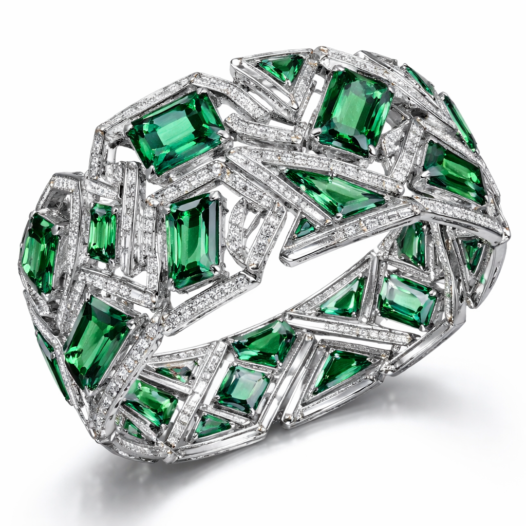 bracelet that expresses strength, color, and structure. Green tourmalines and white diamonds reveal a precise interplay of light and geometry over 18k white gold. Um bracelete com força, cor e estrutura. Turmalinas verdes e diamantes brancos fazem um jogo preciso de luz e geometria no ouro branco 18k.