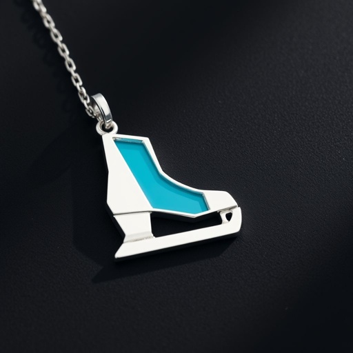 Silver Pendant shape one ice skate with turquoise stripe inside the low thin part blade