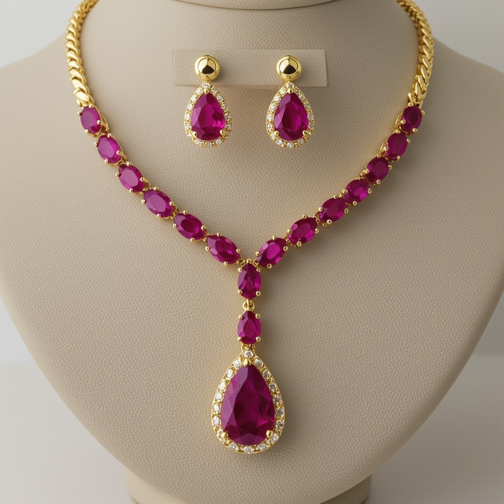 Ruby luxury necklace long pear drop style and earring set