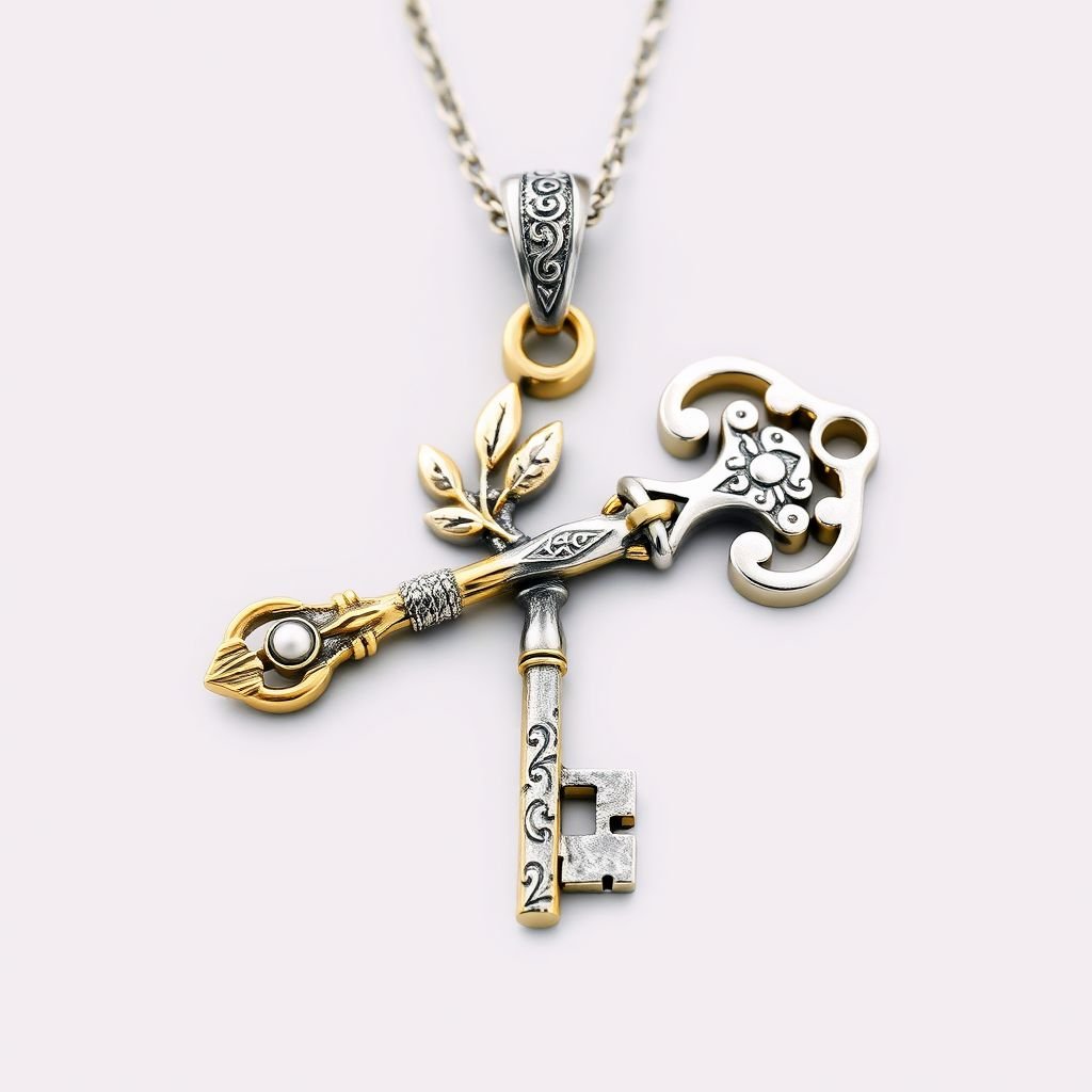 Old skeleton key shape gold and silver tones with olive branch turning on leg and keffieh print on the tip