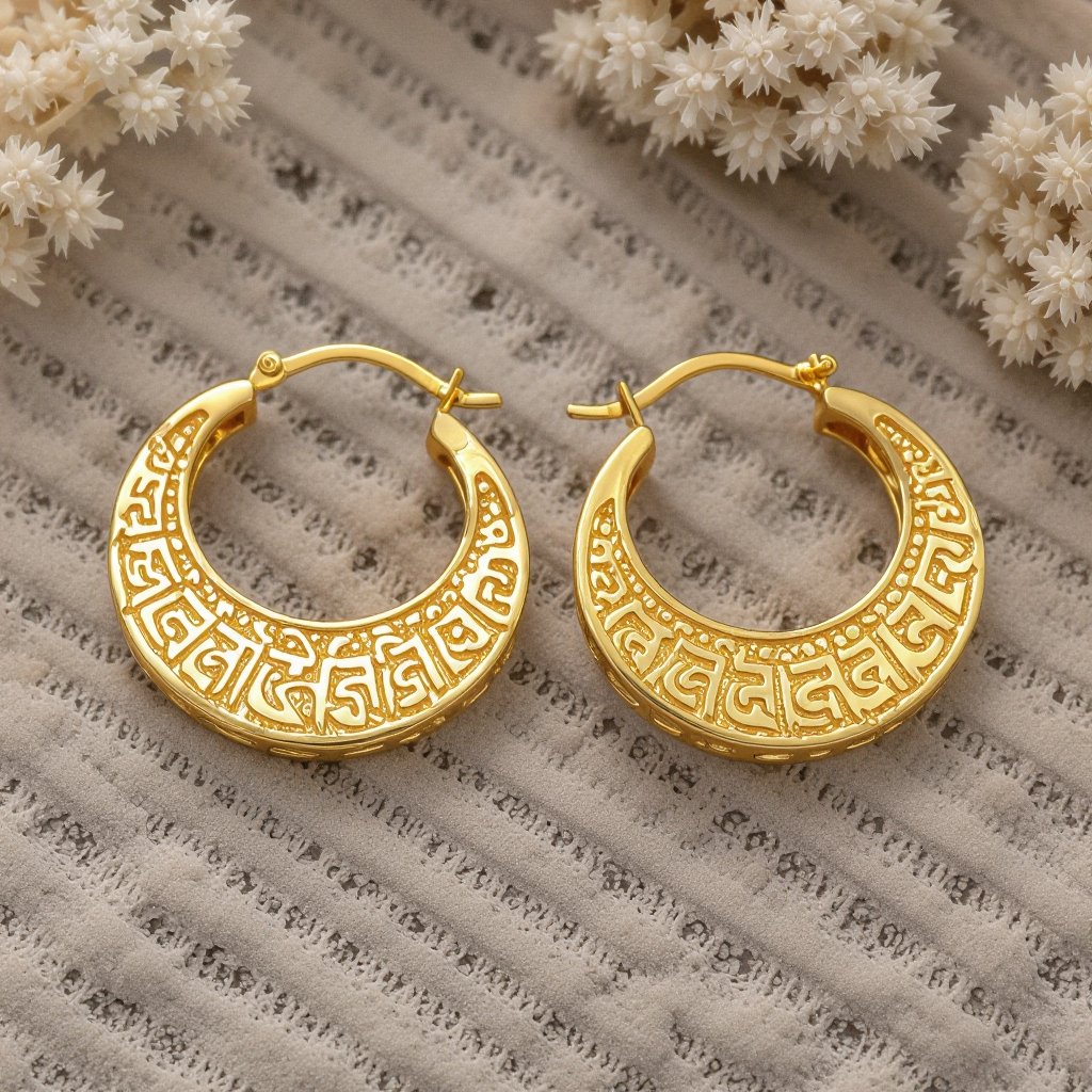 Серьги золотые в форме полукруга, полукруг как продолжение застежки, на полукруге надписи мантрами на санскрите