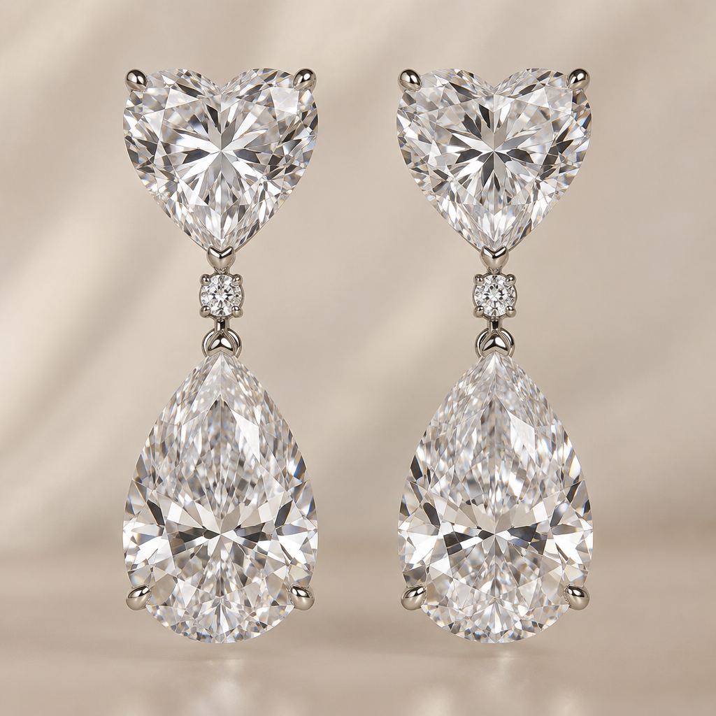 Earrings 2 carat heart then pear dropping 4 carat
photorealistic jewelry design, Earrings 2 carat heart then pear dropping 4 carat, statement style, just the design no text