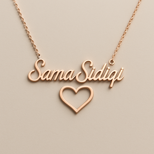 A rose gold necklace that says “Sama Sidiqi” in cursive with a heart shape under it 