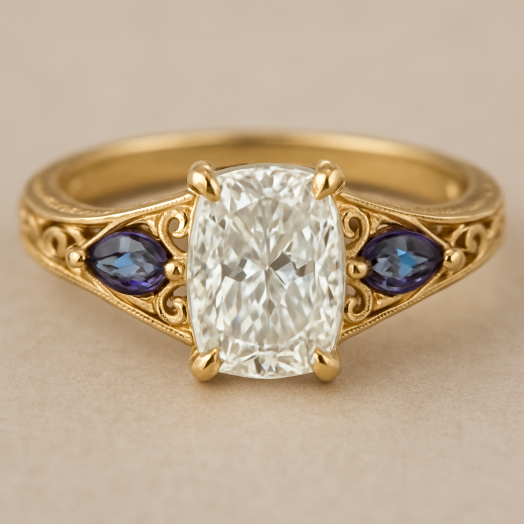 2 carat elongated cushion cut diamond engagement ring with double claw prongs in yellow gold ring with marquise shaped alexandrite side stones