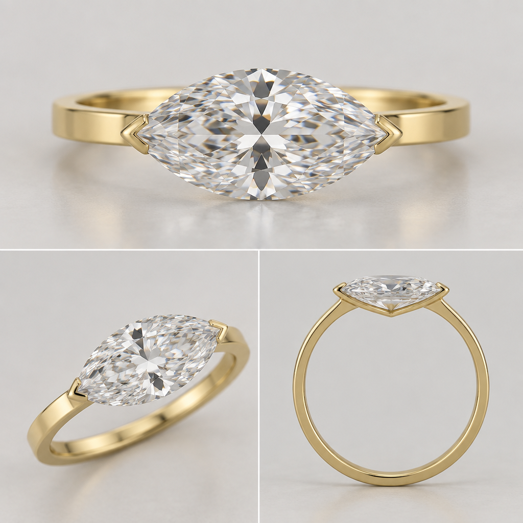A women's ring, detailed and decorative, moderately ornate. High-end fine jewelry photorealistic rendering of a single 1.90 carat marquise-cut diamond mounted east-to-west on a 2.0 mm wide, perfectly flat 18k yellow gold band. The diamond should dominate the design and appear almost visually unsupported from the front. Use only two extremely minimal, integrated yellow-gold point claws at the east and west tips, hugging the stone's outline as tightly as physically possible. No visible basket, gallery rail, halo, bezel, shoulder prongs, decorative metal, or side stones. The band should transition directly into the two point claws, with structural support concealed beneath the diamond's pavilion. Keep the diamond's entire face-up outline unobstructed. The setting should be low-profile and suitable for everyday wear, with realistic diamond pavilion depth, realistic gold thickness, and physically plausible stone security. The result should look like the diamond is floating over a simple flat gold band while remaining structurally believable. Clean contemporary luxury jewelry, understated, architectural, minimal, no ornate details.
The two point claws should be exceptionally small and refined—just enough metal to securely capture the east and west tips. They should visually disappear into the diamond rather than look like conventional prongs. Use a continuous, smoothly tapered transition from the flat shank into each claw, with no upward hooks, bulbous shoulders, decorative curves, or obvious mounting structure. Any additional structural metal necessary to support the 1.90 ct diamond should be positioned underneath the pavilion and hidden from the face-up view.
Show the exact same ring and diamond in three views: straight-on face-up view, 3/4 view, and true side/profile view. Maintain identical diamond proportions, orientation, band width, setting architecture, and scale in every view. The side view must show a realistic pavilion clearance and physically plausible support beneath the stone. Do not invent a floating or unsupported construction. The diamond is mounted east-to-west and secured only at its east and west points by two minimal yellow-gold claws. Photorealistic high-end jewelry product photography, accurate jewelry construction rather than conceptual fantasy.
photorealistic jewelry design, A women's ring, detailed and decorative, moderately ornate. High-end fine jewelry photorealistic rendering of a single 1.90 carat marquise-cut diamond mounted east-to-west on a 2.0 mm wide, perfectly flat 18k yellow gold band. The diamond should dominate the design and appear almost visually unsupported from the front. Use only two extremely minimal, integrated yellow-gold point claws at the east and west tips, hugging the stone's outline as tightly as physically possible. No visible basket, gallery rail, halo, bezel, shoulder prongs, decorative metal, or side stones. The band should transition directly into the two point claws, with structural support concealed beneath the diamond's pavilion. Keep the diamond's entire face-up outline unobstructed. The setting should be low-profile and suitable for everyday wear, with realistic diamond pavilion depth, realistic gold thickness, and physically plausible stone security. The result should look like the diamond is floating over a simple flat gold band while remaining structurally believable. Clean contemporary luxury jewelry, understated, architectural, minimal, no ornate details.
The two point claws should be exceptionally small and refined—just enough metal to securely capture the east and west tips. They should visually disappear into the diamond rather than look like conventional prongs. Use a continuous, smoothly tapered transition from the flat shank into each claw, with no upward hooks, bulbous shoulders, decorative curves, or obvious mounting structure. Any additional structural metal necessary to support the 1.90 ct diamond should be positioned underneath the pavilion and hidden from the face-up view.
Show the exact same ring and diamond in three views: straight-on face-up view, 3/4 view, and true side/profile view. Maintain identical diamond proportions, orientation, band width, setting architecture, and scale in every view. The side view must show a realistic pavilion clearance and physically plausible support beneath the stone. Do not invent a floating or unsupported construction. The diamond is mounted east-to-west and secured only at its east and west points by two minimal yellow-gold claws. Photorealistic high-end jewelry product photography, accurate jewelry construction rather than conceptual fantasy., modern style, just the design no text