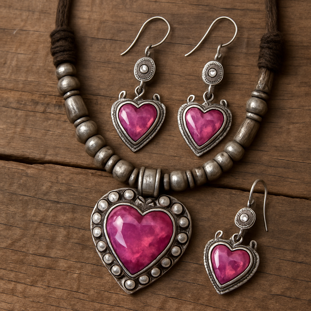 This elegant jewellery set features heart-shaped pink gemstones as the focal point, symbolizing romance and grace.
Delicate silver chains with small round white stones add sparkle and movement.
The matching necklace and earrings create a balanced, modern yet feminine look.
Perfect for romantic occasions, it embodies soft luxury and timeless charm.