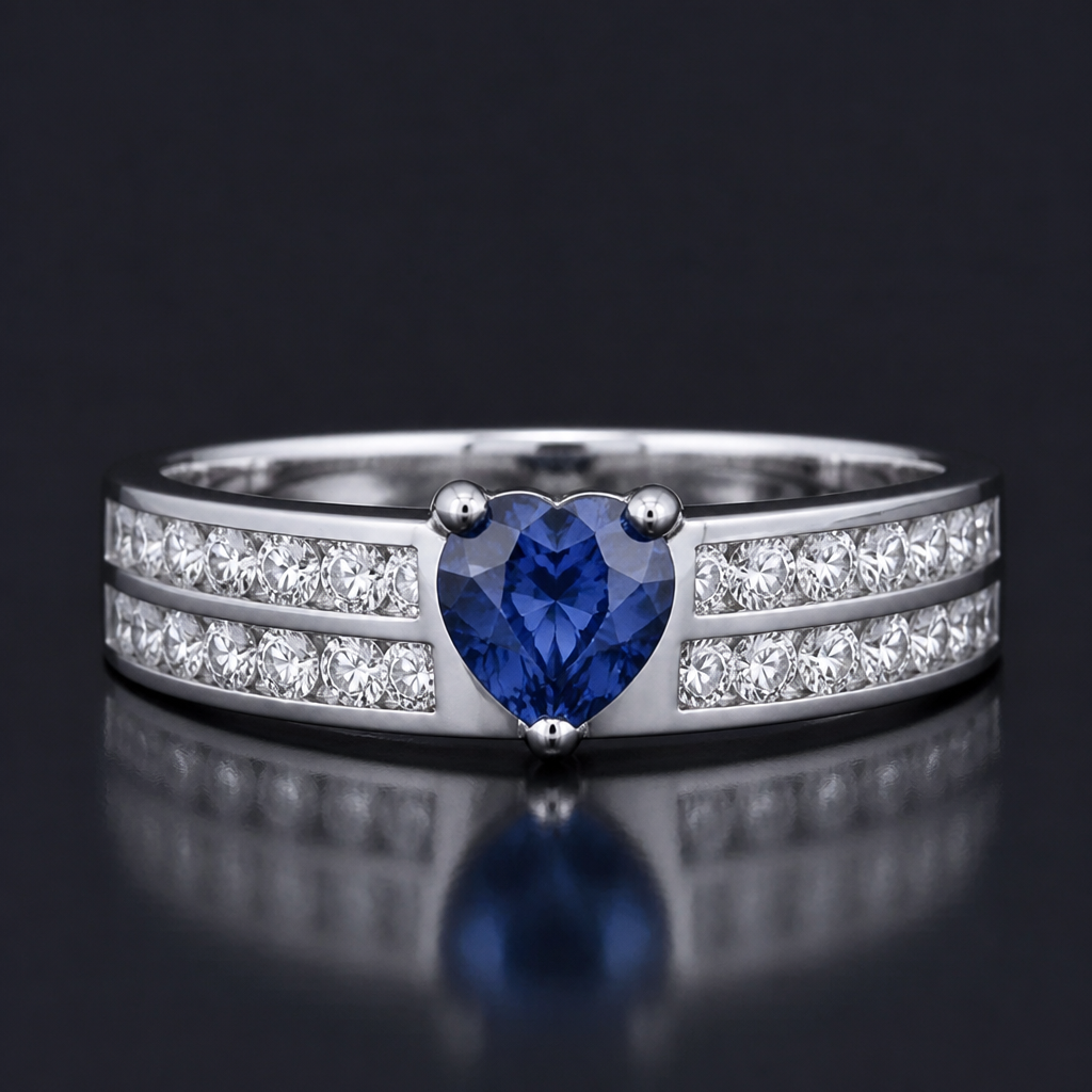 Blue heart shaped small diamond ring with a male double diamond band
photorealistic jewelry design, Blue heart shaped small diamond ring with a male double diamond band , classic style, just the design no text