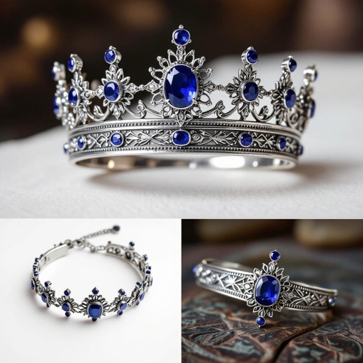 A beautiful Silver Crown with blue sapphire crystals. Not too big but also not really small. Perfect for a queen who goes into battle wearing her crown