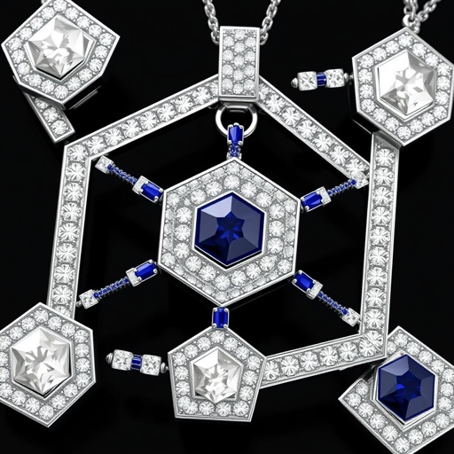 Geomatric architecture shape necklace of white diamonds and sapphire