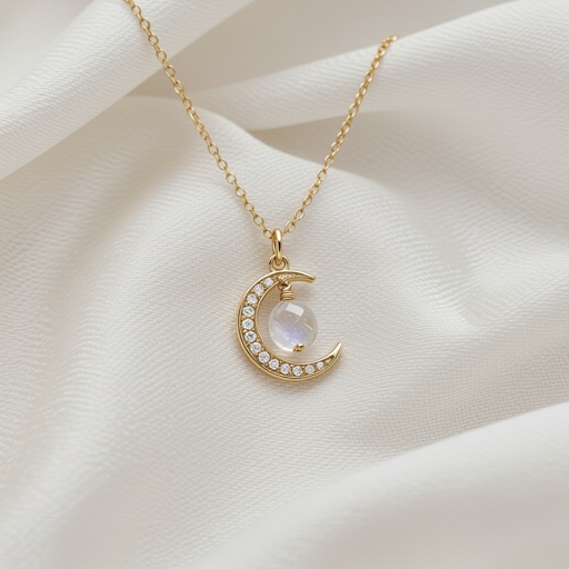 Луна полумесяцем с мелкими камушками и маленький в виде кристала лунный камень подвеска