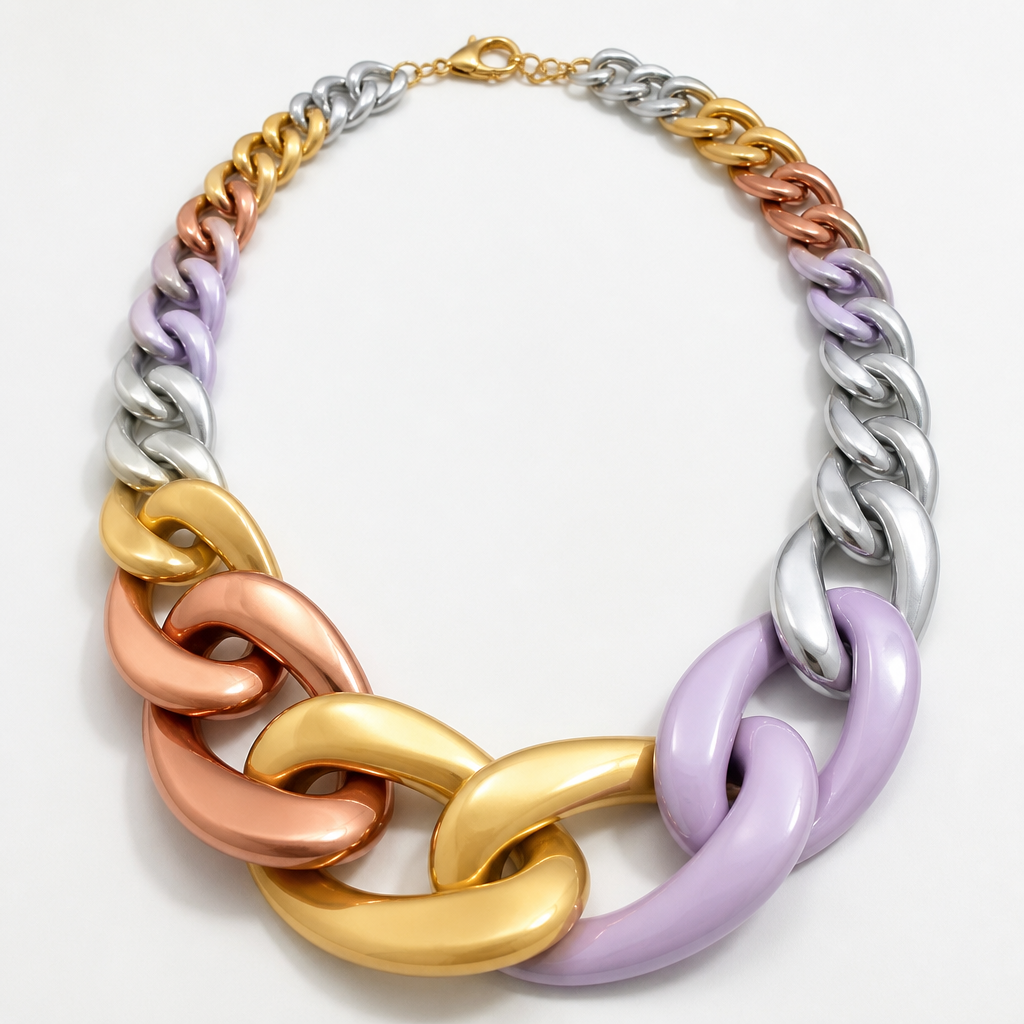 A women's necklace. create a chunky Cuban links style plastic necklace that is graduated and exaggerated in the first three links.colors: alternating copper, gold, lavender and silver
photorealistic jewelry design, A women's necklace. create a chunky Cuban links style plastic necklace that is graduated and exaggerated in the first three links.colors: alternating copper, gold, lavender and silver, modern style, just the design no text