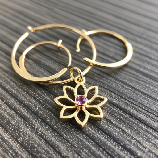 Серьги небольшие кольца, подвеска в виде золотого лотоса шестью лепестками с маленьким розовым кварцем по центру