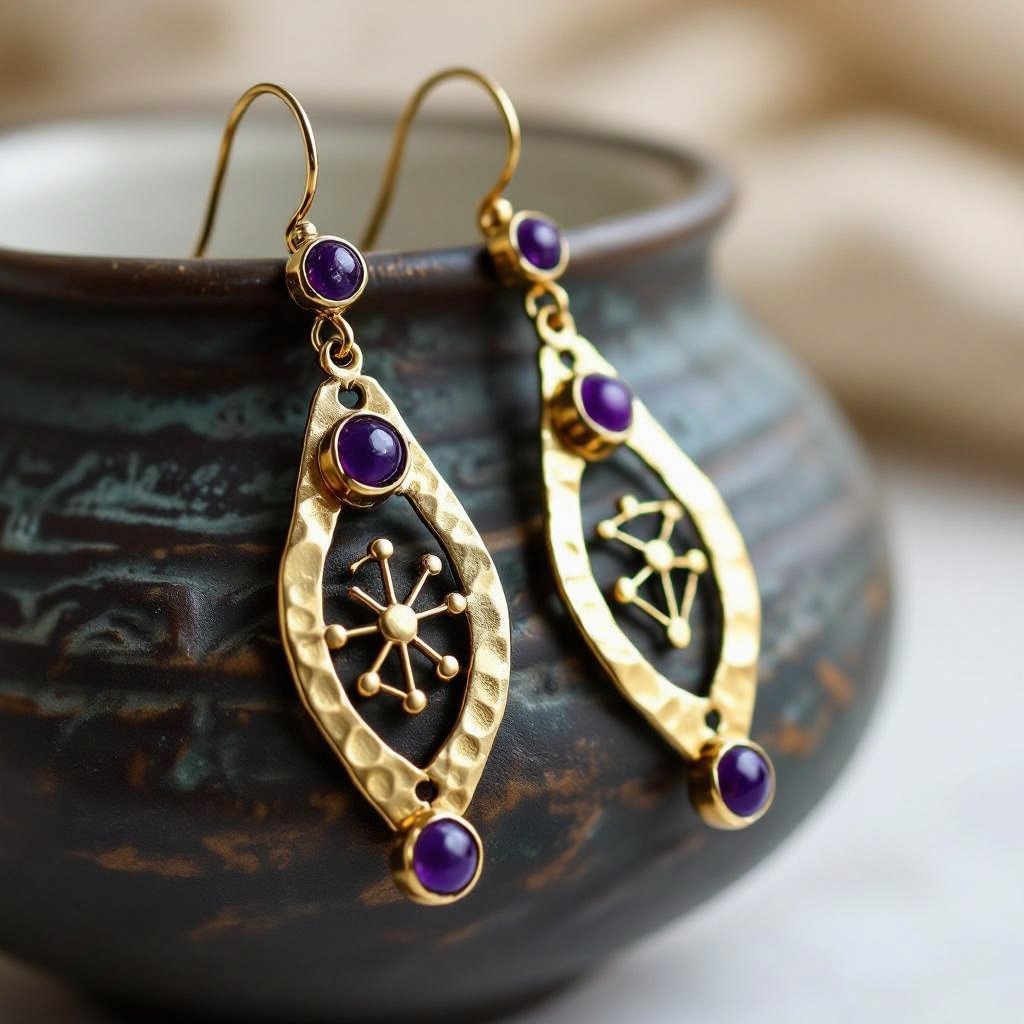 Серьги длинные на цепочках матовое золото мятое. Символ схематично созвездие. Маленькие фиолетовые камушки