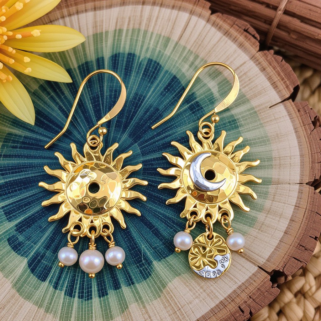 Золотые серьги словно мятое золото в форме горящего солнца с волнистыми лучами, в центре солнца круглая дыра. крепится к застежке серьги. К нижней части солнца крепятся подвески: миниатюрная серебристая луна, очень маленький жемчуг и маленький золотой кружочек с мятым эффектом плоский