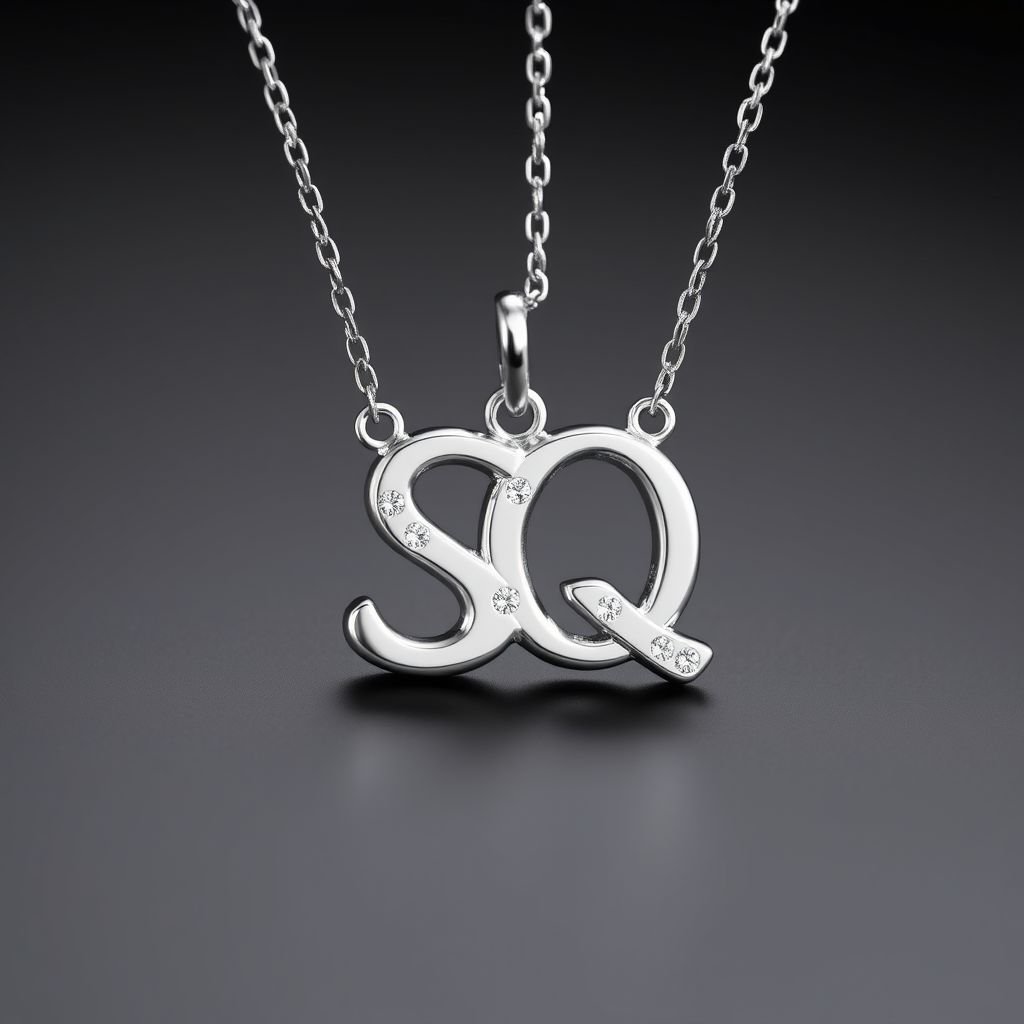 silver necklace with the pendant in letter letters SQ with white  stones. Make it cute and simple 