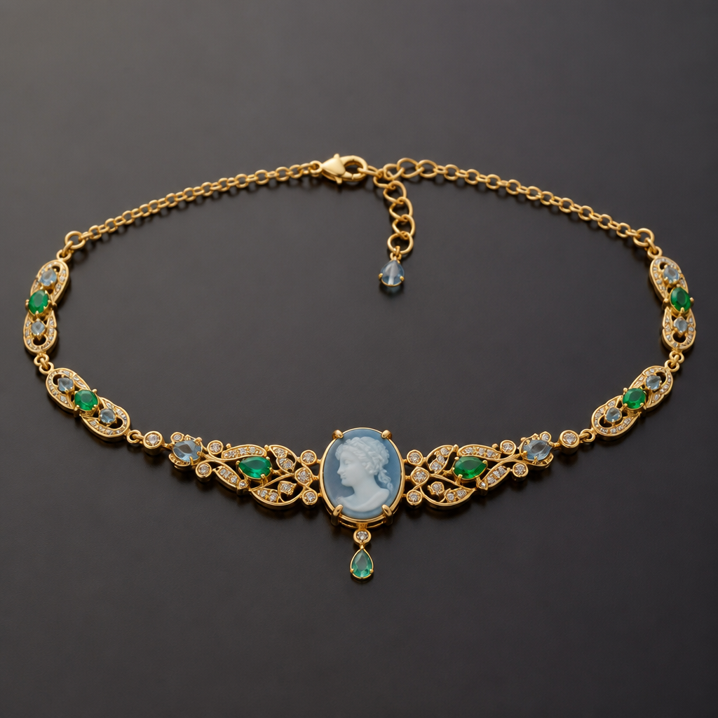 A cameo women's anklet made of gold with emerald and aquamarine stones suitable for formal, highly ornate, intricate and elaborate, richly detailed. delicado y sencillo
photorealistic jewelry design, A cameo women's anklet made of gold with emerald and aquamarine stones suitable for formal, highly ornate, intricate and elaborate, richly detailed. delicado y sencillo, cameo style, just the design no text