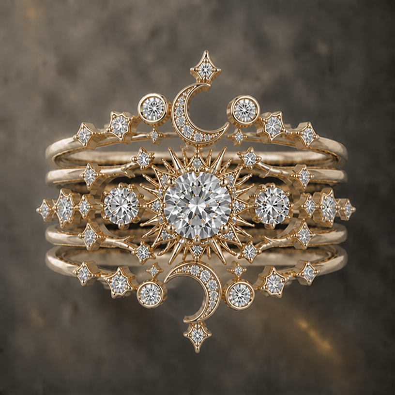 Make moons asymmetrical vertically
edit the attached jewelry design with these instructions: Make moons asymmetrical vertically. keep it photorealistic, just the design no text