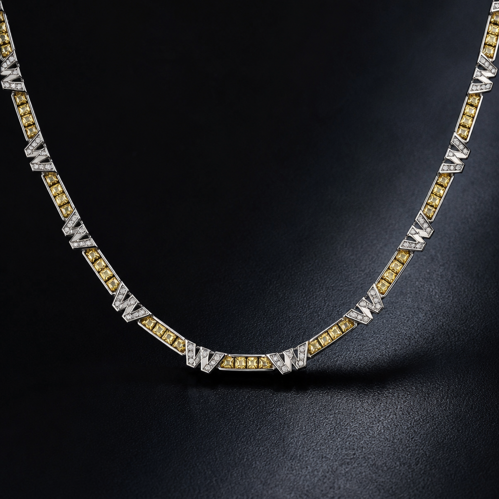 A men's necklace made of white gold with diamond and ruby stones. una delicada cadena con diamantes amarillos y que mantenga el mismo tejido de la foto con al rededor la letra w
photorealistic jewelry design, A men's necklace made of white gold with diamond and ruby stones. una delicada cadena con diamantes amarillos y que mantenga el mismo tejido de la foto con al rededor la letra w, modern style, just the design no text