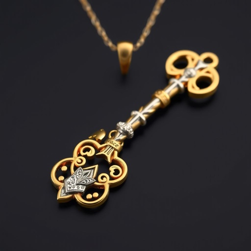 Old skeleton key shape gold and silver tones with olive branch turning on leg and keffieh print on the tip